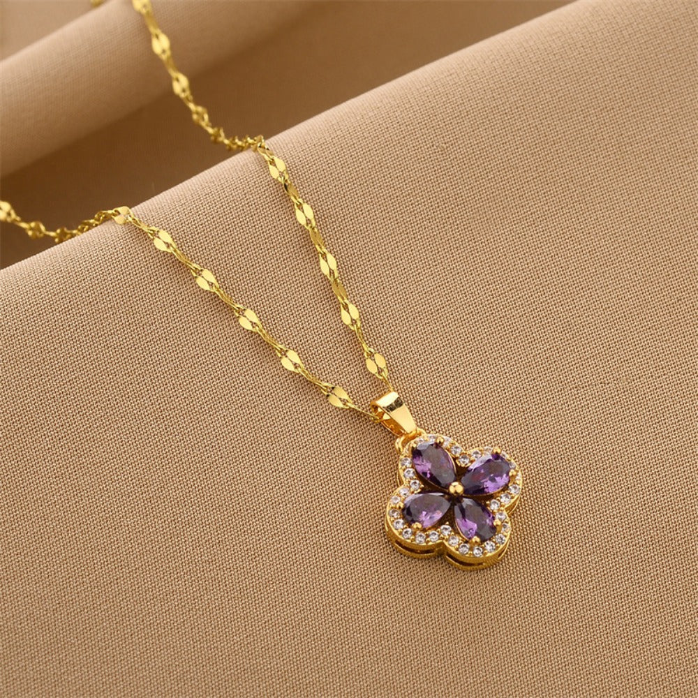 Zirconia Violet Four-leaf Clover Pendant Accessory Titanium Steel Necklace, Versatile Collarbone Chain for Women