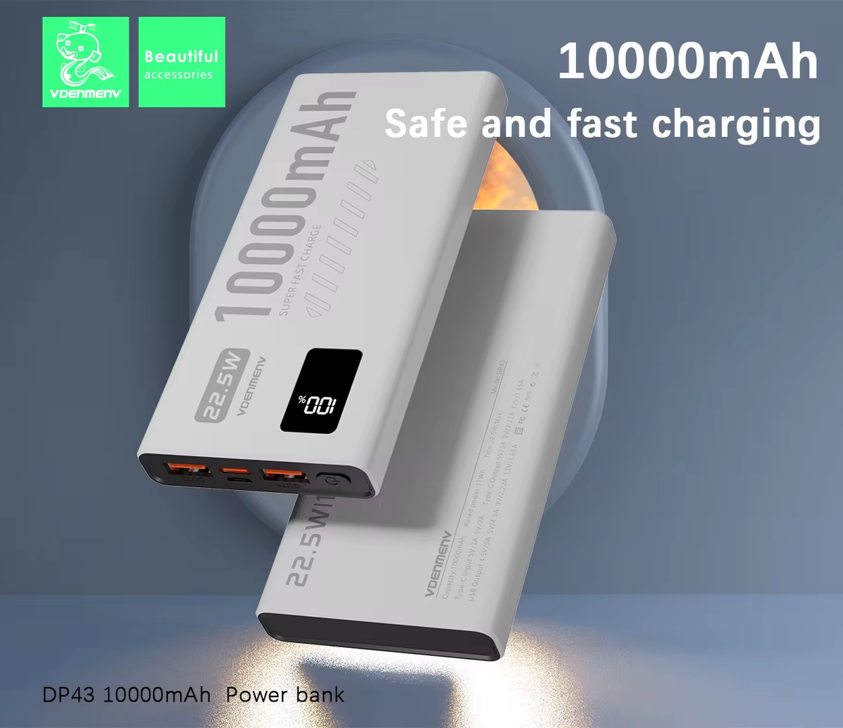 VDENMENV DP43 PD 22.5W QC3.0 10000mAh Power Bank Compact Portable Fast Charging External Battery Charger 10000 mAh Powerbank