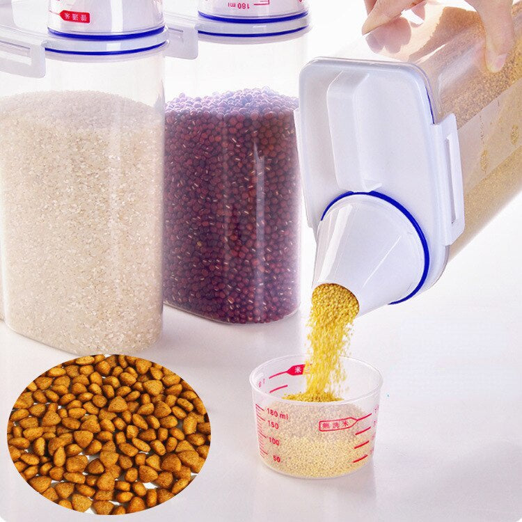 1.5kg/2kg Dog Cat Food Pail Plastic Storage Tank with Measuring Cup Container Moisture-proof Sealed Jar Pet Supplies