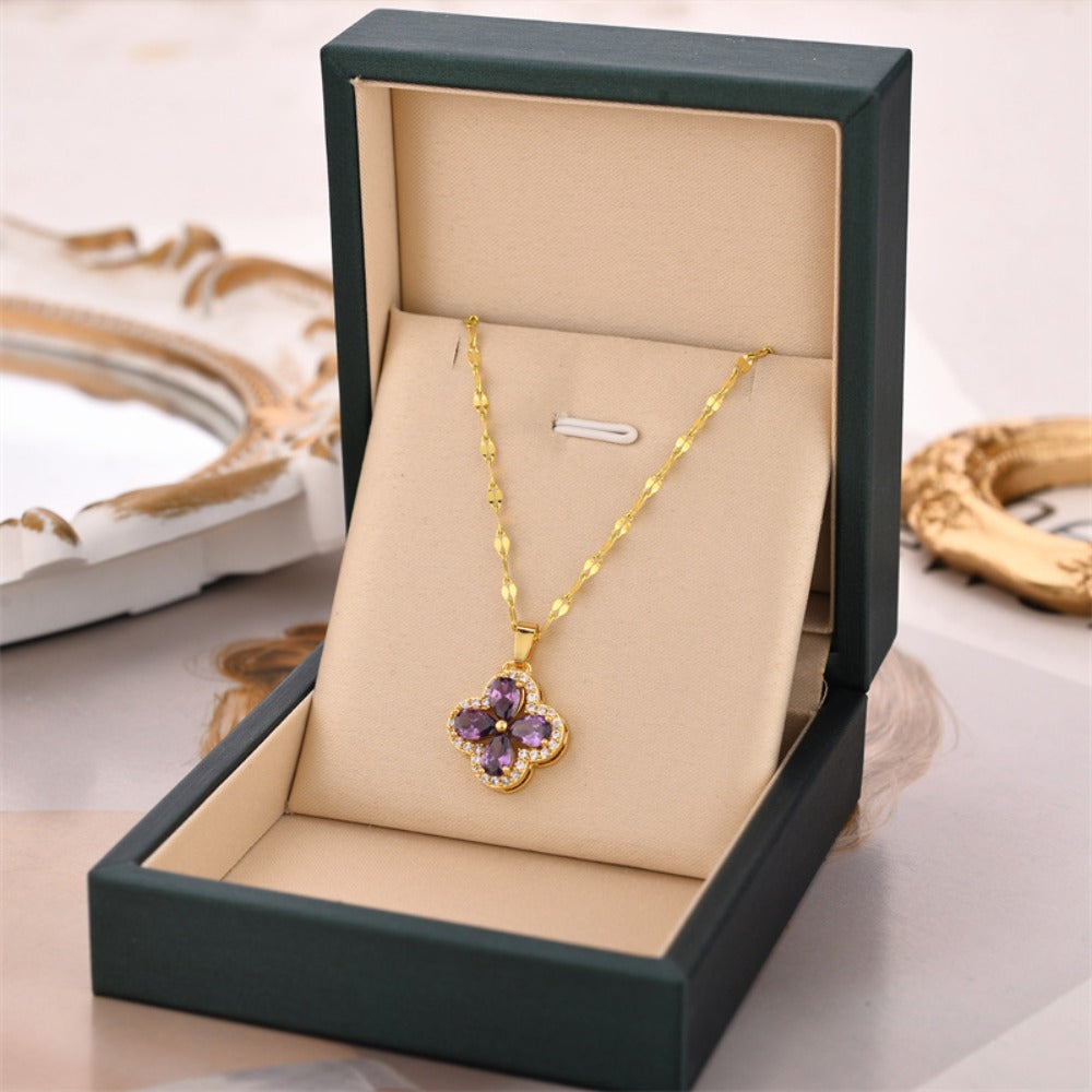 Zirconia Violet Four-leaf Clover Pendant Accessory Titanium Steel Necklace, Versatile Collarbone Chain for Women