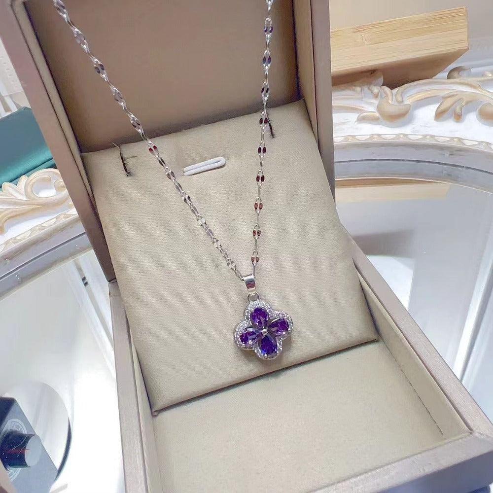 Zirconia Violet Four-leaf Clover Pendant Accessory Titanium Steel Necklace, Versatile Collarbone Chain for Women