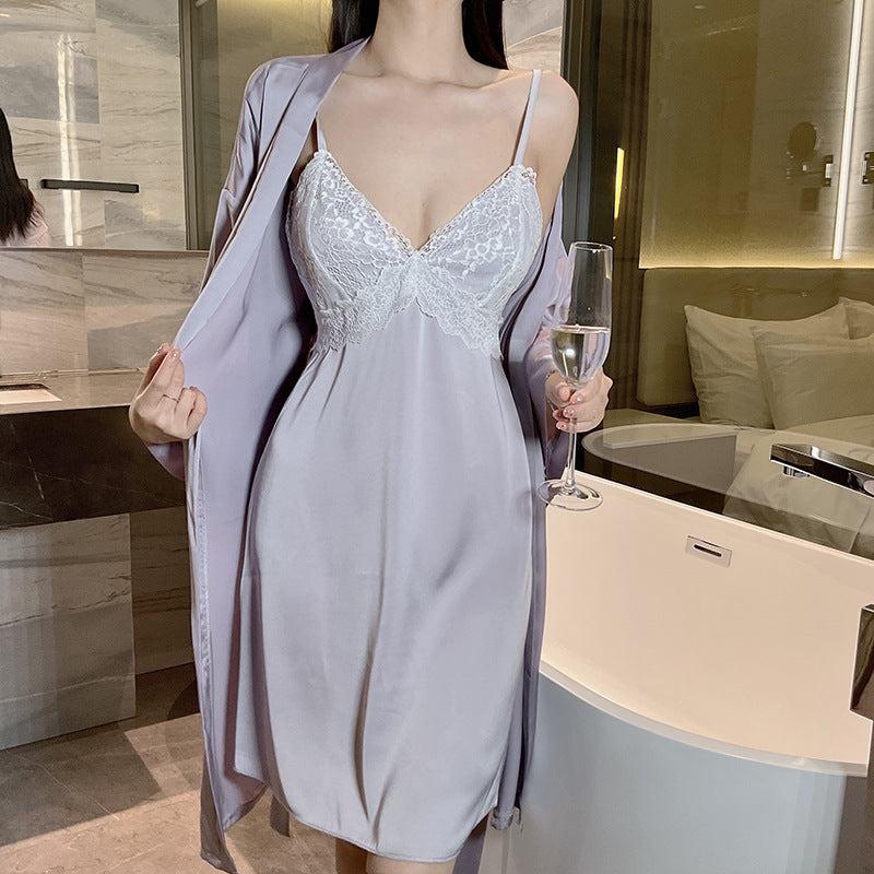 Ice Silk Lace Backless Home Nightgown