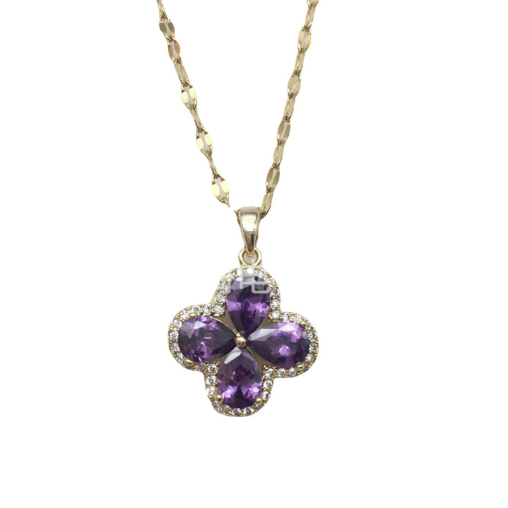 Zirconia Violet Four-leaf Clover Pendant Accessory Titanium Steel Necklace, Versatile Collarbone Chain for Women