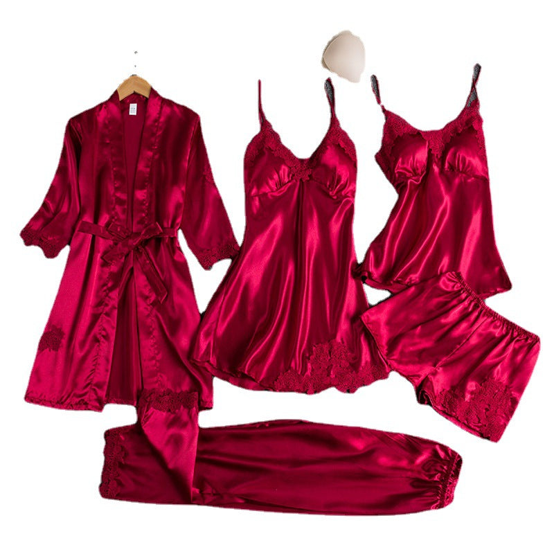 Silk-Blend Thin Strap Pajama Set with Bra Cup for Women - 5 Piece Set