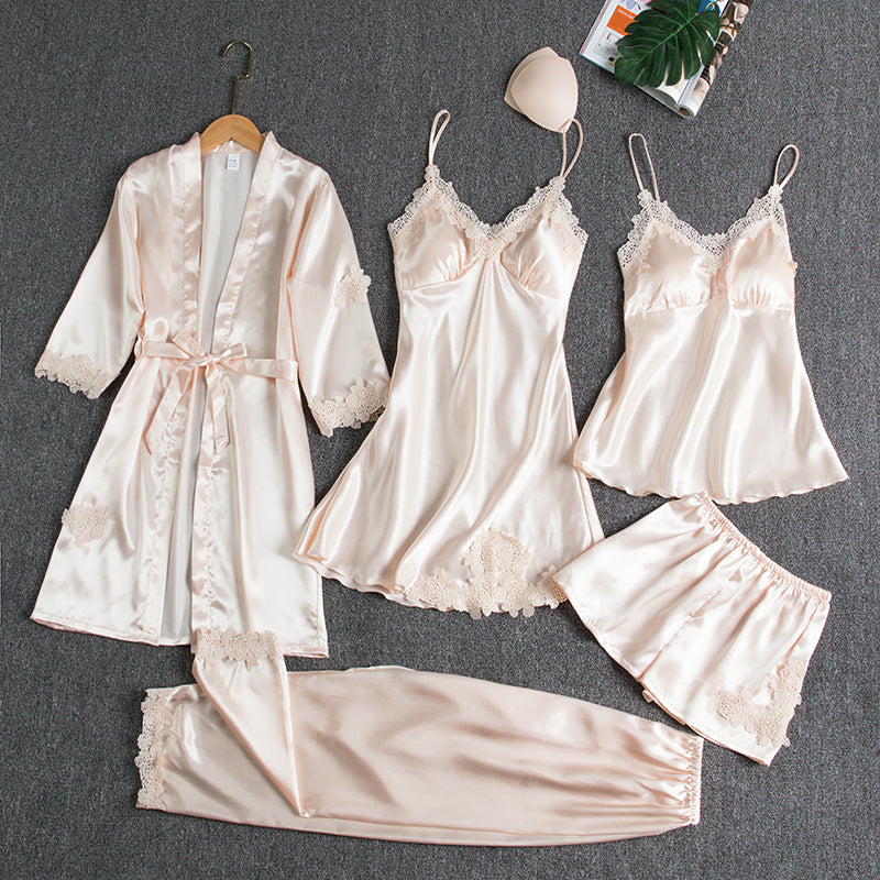 Silk-Blend Thin Strap Pajama Set with Bra Cup for Women - 5 Piece Set
